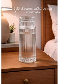 Resim El Yapımı Cam, Linea Modelli Başucu Sürahisi - 730ml. Bardaklı Sürahi 