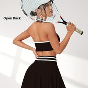 Resim Kadınların Dikişsiz Tenis Etek Seti, Çıkarılabilir Kup ve Straplez Halter Üst - Büyük Açık Sırt Tasarımı, Yüksek Bel Kısa Etekli Cep Detaylı, Tenis ve Günlük Giyim için Mükemmel, Tenis Ekipmanı|Dikişsiz Yapı|Esnek Kumaş 