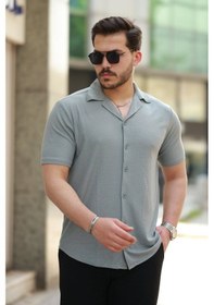 Resim Erkek Apaç Yaka Örme Kumaş Kısa Kollu Gömlek Füme 