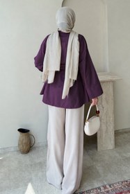 Resim Tesettür Diyarı Dekta Cotton Kumaş Broş Kemerli Tesettür Gömlek- Mürdüm Standart (38-42 Uyumlu) 