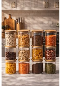 Resim Porsima 1-4 Bambu Vakumlu Kapaklı Yuvarlak Cam 12li Kavanoz Seti Saklama Kabı 750ml 10x12cm 