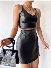 Resim Biçomi Cep Detaylı Oval Kapaklı Deri Etek Siyah H240048 Siyah 