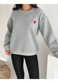 Resim Kadın Kalp Nakışlı Sweatshirt Sade & Sevgi Dolu Stil Gri 
