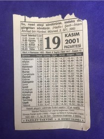 Resim 19 Kasım 2001 Takvim Yaprağı - Nostalji Koleksiyonluk Takvim Yaprağı 