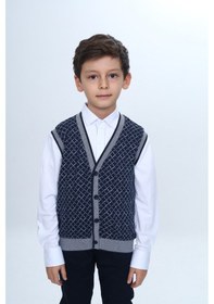 Resim Toontoy Kids Toontoy Erkek Çocuk V Yaka Düğmeli Triko Yelek - Diagonal Desenli Lacivert 