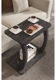 Resim Hulk Geniş Tekerlekli Yan Sehpa, Geniş Yüzey C Sehpa Siyah Mermer 