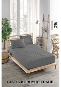 Resim Alez Takımı %100 Pamuklu Sessiz 3 Parça Kapitoneli Yastık Alezli Gri Çift Kişilik 