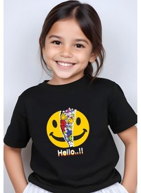Resim Panios Kids Emoji Baskılı Kız Çocuk Kısa Kollu T-shirt Siyah 