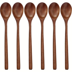Resim Ahşap Kaşıklar, 6'lı Set 22.86 cm Yemek Karıştırma ve Çorba Kaşıkları, Uzun Saplı Japon Tarzı Mutfak Aleti, Dostça Sofra Kaşığı 