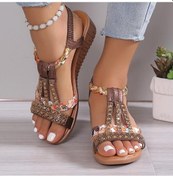 Resim Kahverengi Kadınlar İçin Kama Sandalet Taklidi Örgülü Bant Elastik Slip-on Askı Çok Yönlü Açık Plaj Ayakkabıları Kahverengi 