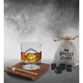 Resim Bk Gift Kişiye Özel Isimli Vip Ahşap Tabaklı Viski Bardağı ve 6’lı Doğal Granit Viski Taşı Sunum Seti - Model 21 