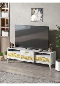 Resim Tv Sehpası Tv Ünitesi 160 Cm Gold Beyaz Mistral 5072 Sarı 