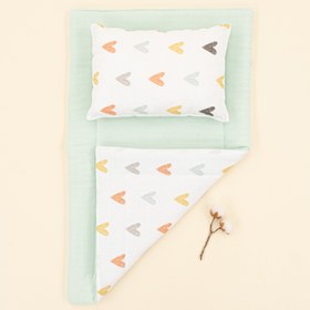 Resim Alt Açma Matı ve Yastık - Çift Taraflı - Su Yeşili Muslin - Kalpler 