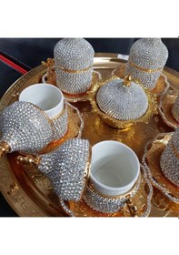 Resim Ceyyiz 8'Li Gold Beyaz Kristal Taşlı Lokumluk Kahve Fincanı Set 