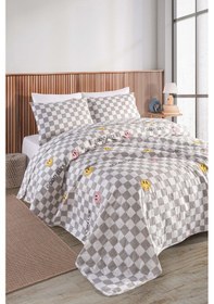 Resim Kapitone Yatak Örtüsü Seti Çift Kişilik Good Luck Gri Gri 