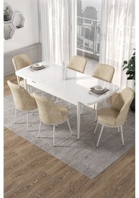 Resim Canisa Kor Serisi, Beyaz Açılabilir 70x114 Yemek Masa Takımı 6 Krem Sandalye Masa Beyaz Sandalyeler Krem 
