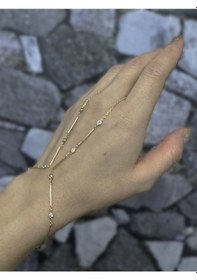 Resim Zirkon Taşlı Gümüş Şahmeran Bileklik Uzun Çubuk Zincirli Tasarım - Gold Renk Gold 