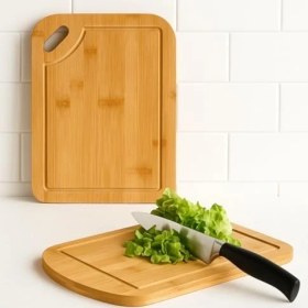 Resim Karokstore 2’li Bambu Kesim Panosu Seti - Dayanıklı Ahşap Kesme Tahtası, Doğal, Şık ve Hijyenik Mutfak Panosu (Oval Bambu) 