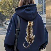 Resim Kadınlar İçin Leopar Desenli Kapüşonlu Sweatshirt - Lacivert Kanguru Cebi, Yumuşak Polar Astarlı Uzun Kollu Hoodie, Sonbahar/Kışlık Rahat Giyim, Makinede Yıkanabilir Normal Kesim, Kabartmalı Kapüşonlu Kazak, Sokak Stili, Yumuşak Kumaş, Kışlık Gardırop Parçası 