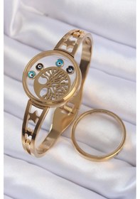 Resim 316l Çelik Altın Renk İçi Yaşam Ağacı Ve Nazar Boncuk Figürlü Açılabilir Fanus Kelepçe-24335 Çok Renkli 