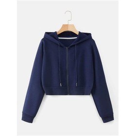 Resim Kadın Lacivert Crop Fitted Kapşonlu Zip Fermuarlı Polar Hırka Sweatshirt Koyu Lacivert 