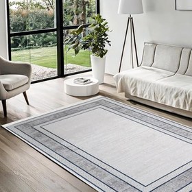 Resim Gri Çerçeveli Modern Geometrik Etnik Eskitme Desenli Boho Makinada Yıkanabilir Hafif Hav Toz Vermez Leke Tutmaz Kaymaz Taban Dijital Makine Baskı Halı Oturma Odası Salon Yolluk Koridor Mutfak Halısı 