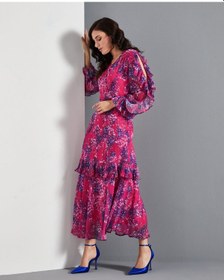 Resim Serpil Exclusive Çiçek Desenli Kadın Elbise - Katlı Etek Detaylı - Fırfırlı Kol - V Yaka - Modern Ve Şık Tasarım - Günlük Ve Özel Gün İçin Elbise Fuşya 
