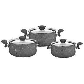 Resim OMS 3027 6 Parça Granit Güveç Set Cam Kapaklı Gri 