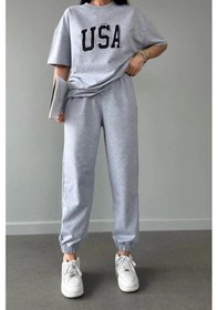 Resim Usa T-shirt Eşofman Altı Jogger- Gri Baskılı Alt Üst Eşofman Takım Oversize Bisiklet Yaka Gri 