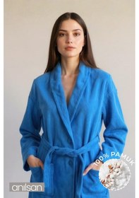 Resim %100 Pamuk Unisex Koyu Turkuaz Bornoz - Şalyaka Otel Bornozu, Spa Için Ideal, Günlük Kullanıma Uygun Turkuaz 