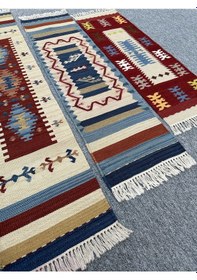 Resim El Dokuma Dekoratif Kilim Seti 3 Adet Renkli %100 Yün Kilim 