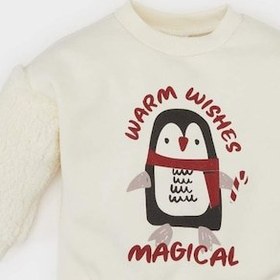Resim DeFacto Kız Bebek Bisiklet Yaka Yılbaşı Temalı İçi Yumuşak Tüylü Sweatshirt D6229A524WNER233 Ekru 
