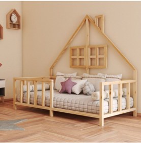 Resim zerkaconcept Tia Doğal Ahşap Çatılı Montessori Çocuk Yatak Karyola Beşik Çam - Model 1 - 80*180 