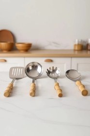 Resim Bambum Mundo 4 Parça Bambu Saplı Çelik Mutfak Gereç Seti Çeyiz Seti Kaşık Kevgir Kepçe 