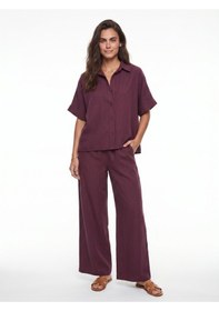 Resim Onloox Kadın Bordo Mürdüm Akışkan Kumaş Kısa Kollu Oversize Düğmeli Beli Lastikli Geniş Paça PantolTakım 