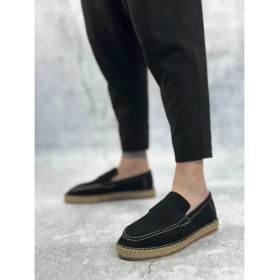 Resim ET0359 Doğal Deri Tozu Bağcıksız Kauçuk El Yapımı Espadril Taban Siyah Renk Erkek Ayakkabı 