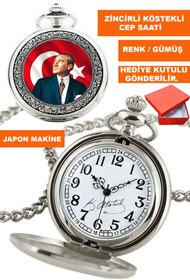 Resim COBRA Kemal Atatürk Görsel ve İmzalı Gümüş Renk Zincirli Köstekli Cep Saati 