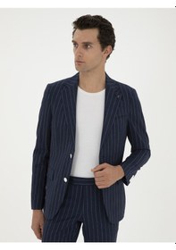 Resim Cacharel Koyu Lacivert Slim Fit Yün Keten Karışımlı Takım Elbise 