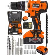 Resim Snaiker 21 V 1.2 Ah 13 mm Metal Mandren Darbeli Çift Akülü Vidalama Matkap + 27 Parça Pro Set Turuncu 