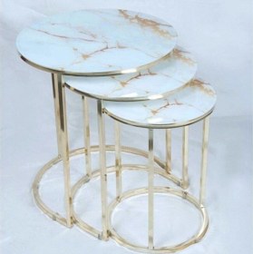 Resim Masal Liv Aksesuar Zigon Sehpa 3'lü Yuvarlak Gold Metal Ayak Mermer Desenli Cam Sehpa Diğer 