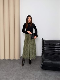 Resim Kadın Yeşil Ekose Desenli Yüksek Bel Lastikli Şifon Asimetrik Uçlu Uzun Etek 52861 - Yeşil / L-XL 