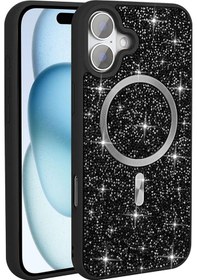 Resim Apple Uyumlu iPhone Adige İphone 16 Pro Uyumlu Kılıf Parlak Taşlı Pırlanta Mozaik Siyah + Ekran Koruyucu - 