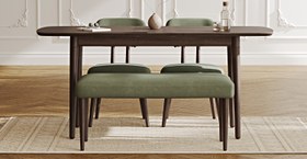 Resim Lyno 77x140 Cm Açılır Yemek Masası Takımı (Roa Bench & 2 Roa Sandalye) - Kadife - Gece Mavisi / Açık Meşe 