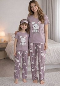 Resim zahider anne kız pamuklu yumuşacık kısa kollu yazlık pijama takımı 