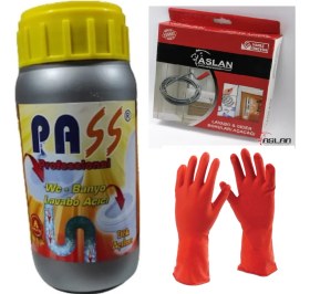 Resim Pass Dök-Aç Sıvı Lavabo Pvc Boru Açıcı 1000 gr + 3 Metre Susta + Eldiven 