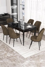 Resim Canisa Concept Kor Serisi 70x114 Açılabilir Mutfak Masası Takımı Siyah Mermer Desen Masa 6 Kahverengi Sandalye 