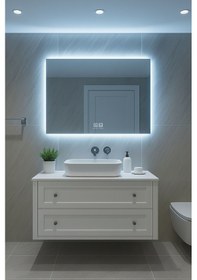 Resim Digital Hayat Buğu Çözücü Dokunmatik Dimlenebilir Dikdörtgen Ayna Mavi Işıklı Led Dekoratif Banyo Makyaj Aynası Yatay Ve Dikey Kullanım Mavi 