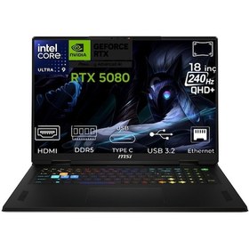 Resim MSI Vector 18 HX AI A2XWIG-666XTR-17 Ultra 9-275HX 64 GB 1 TB+1 TB SSD 16 GB RTX5080 18" Dos Dizüstü Bilgisayar 