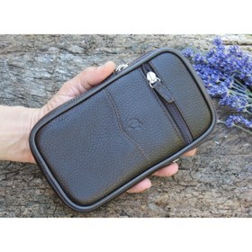 Resim MÇ DERİ Erkek Kemer Ve Omuz Askılı Telefon Çantası Floater Desenli Hakiki Dana Derisinden Kahverengi Renk 