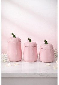 Resim Dekorasyaa 3'lü Kapaklı Balkabağı Çok Amaçlı Seramik Kavanoz - Pembe - 1lt 1,5lt 2lt Pembe 